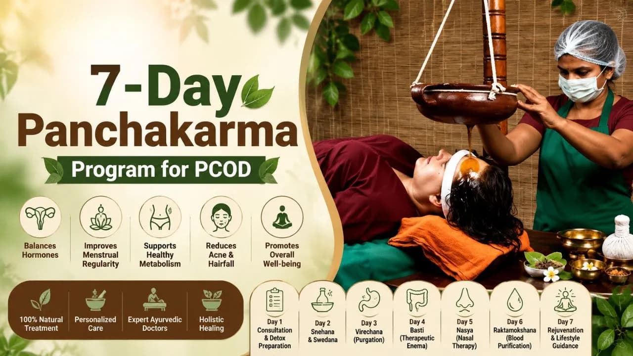 PCOD के लिए 7-Day Panchakarma Program: जानें 7 दिनों में कैसे होता है शरीर और हार्मोन का नेचुरल डिटॉक्स PCOD के लिए 7-Day Panchakarma Program: जानें 7 दिनों में कैसे होता है शरीर और हार्मोन का नेचुरल डिटॉक्स