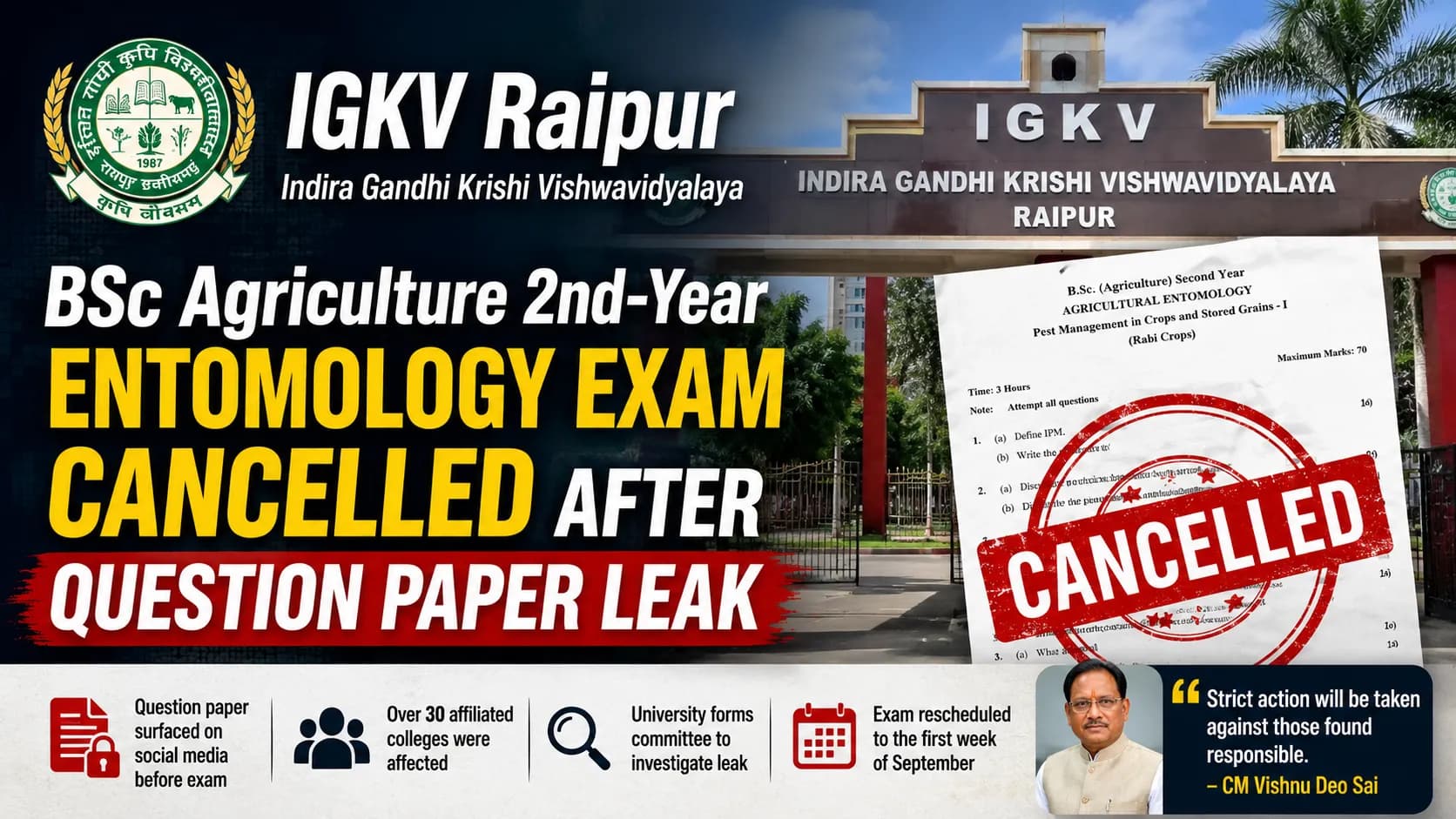 IGKV BSc Agriculture Exam Cancelled: सोशल मीडिया पर पेपर वायरल होने के बाद 2nd Year की परीक्षा रद्द, सितंबर में होगी दोबारा IGKV BSc Agriculture Exam Cancelled: सोशल मीडिया पर पेपर वायरल होने के बाद 2nd Year की परीक्षा रद्द, सितंबर में होगी दोबारा