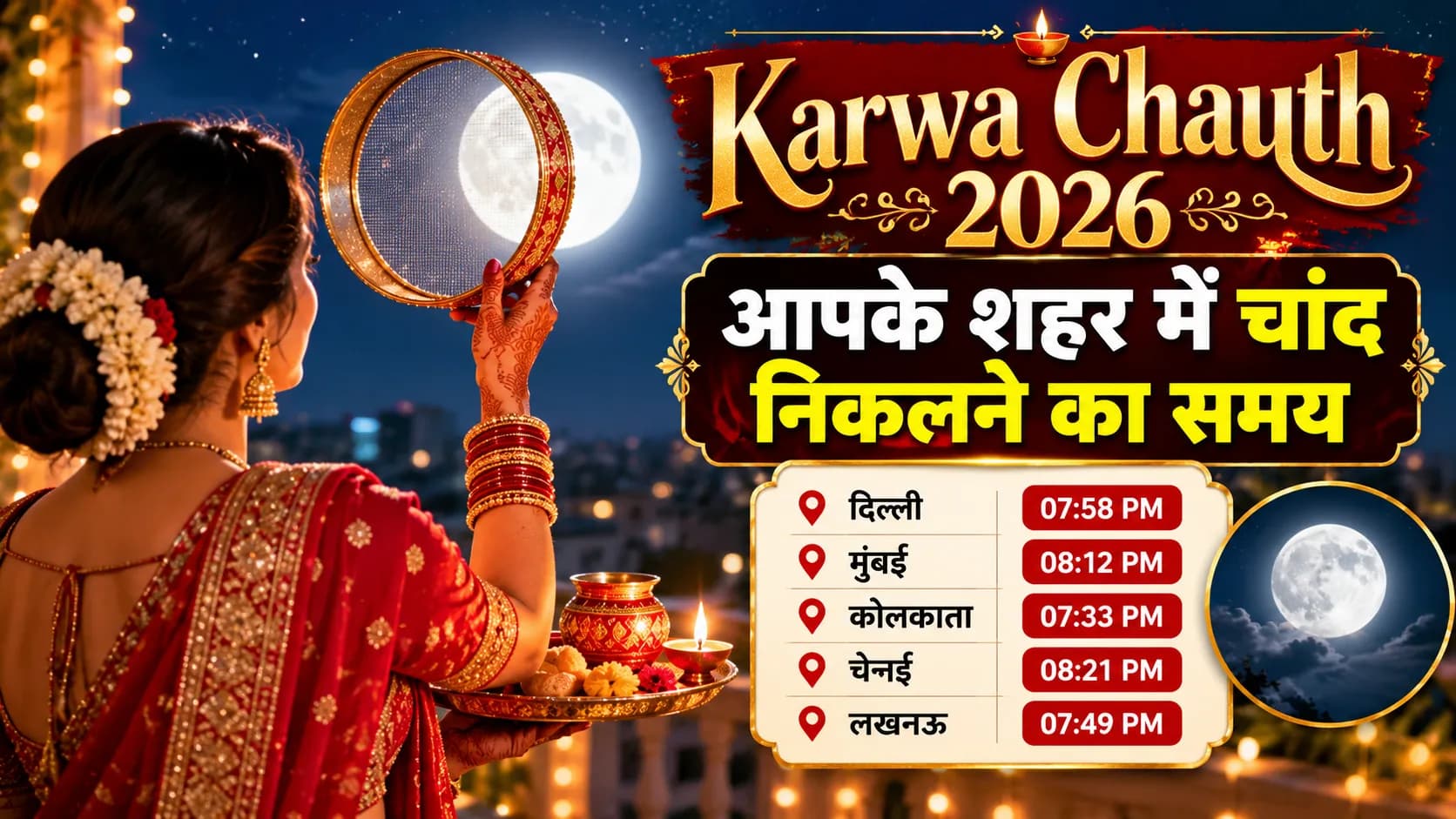 Karwa Chauth 2026: आपके शहर में चांद निकलने का समय Karwa Chauth 2026: आपके शहर में चांद निकलने का समय