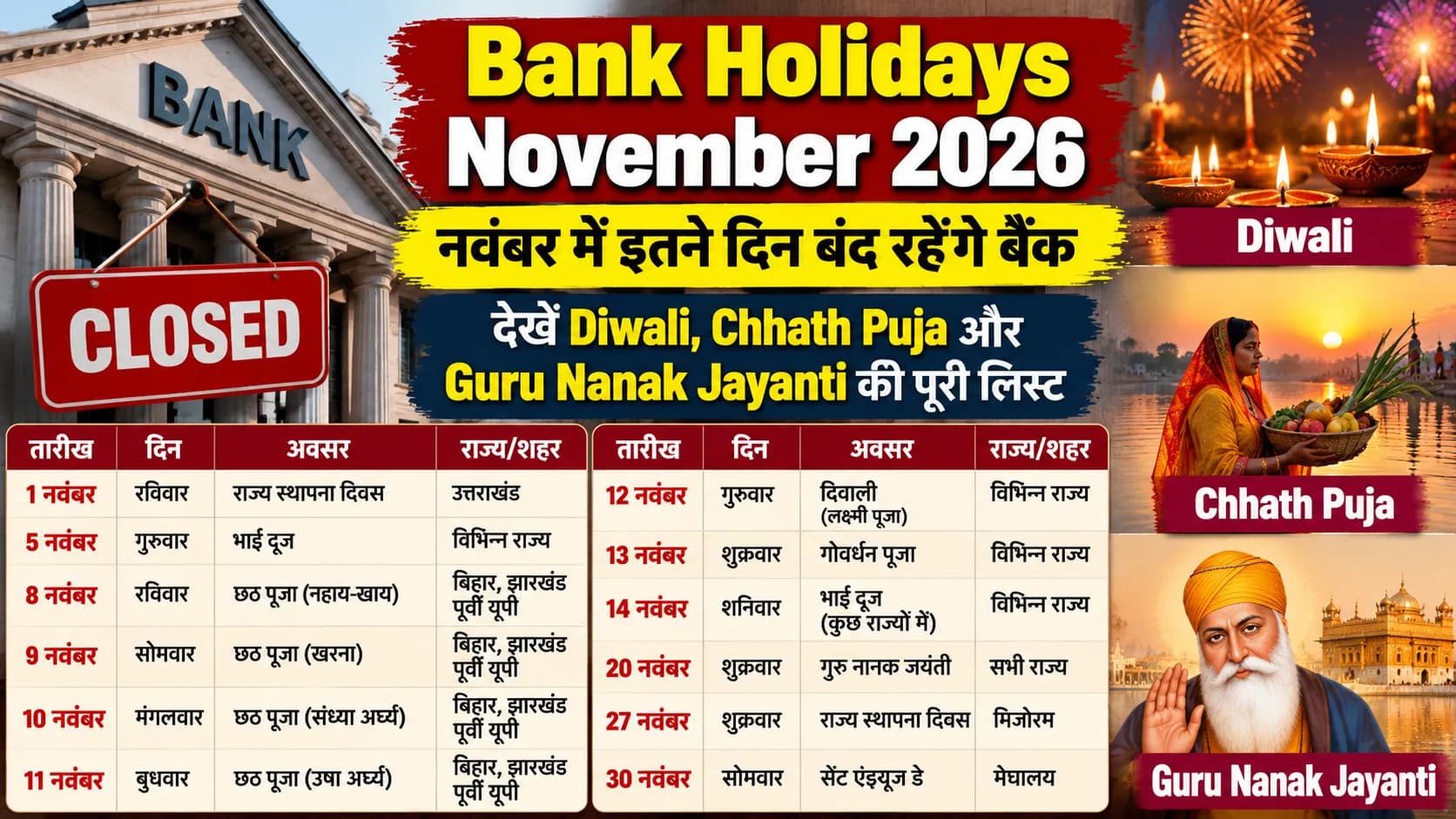 Bank Holidays November 2026: नवंबर में इतने दिन बंद रहेंगे बैंक, देखें Diwali, Chhath Puja और Guru Nanak Jayanti की पूरी लिस्ट Bank Holidays November 2026: नवंबर में इतने दिन बंद रहेंगे बैंक, देखें Diwali, Chhath Puja और Guru Nanak Jayanti की पूरी लिस्ट